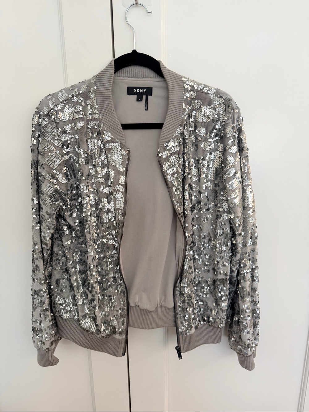 DKNY Silver Sequin Bomber Jacket with Ribbed Trim